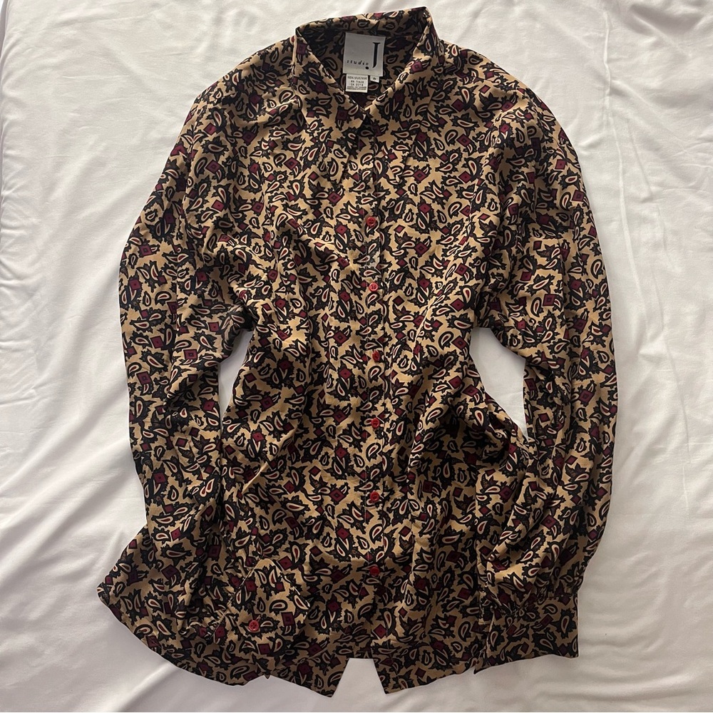Vintage 80s Studio J 100% Silk Paisley Blouse Tan Red Black 8